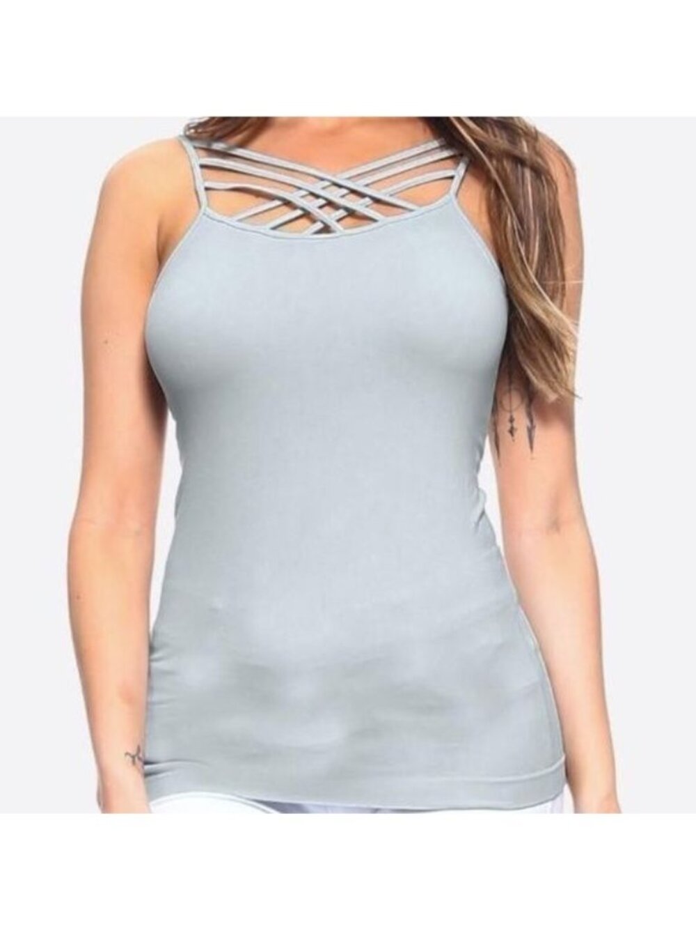 Bodycon Solid Light Gray Triple Criss Cross Camisole Undershirt Tank Top Shirt
